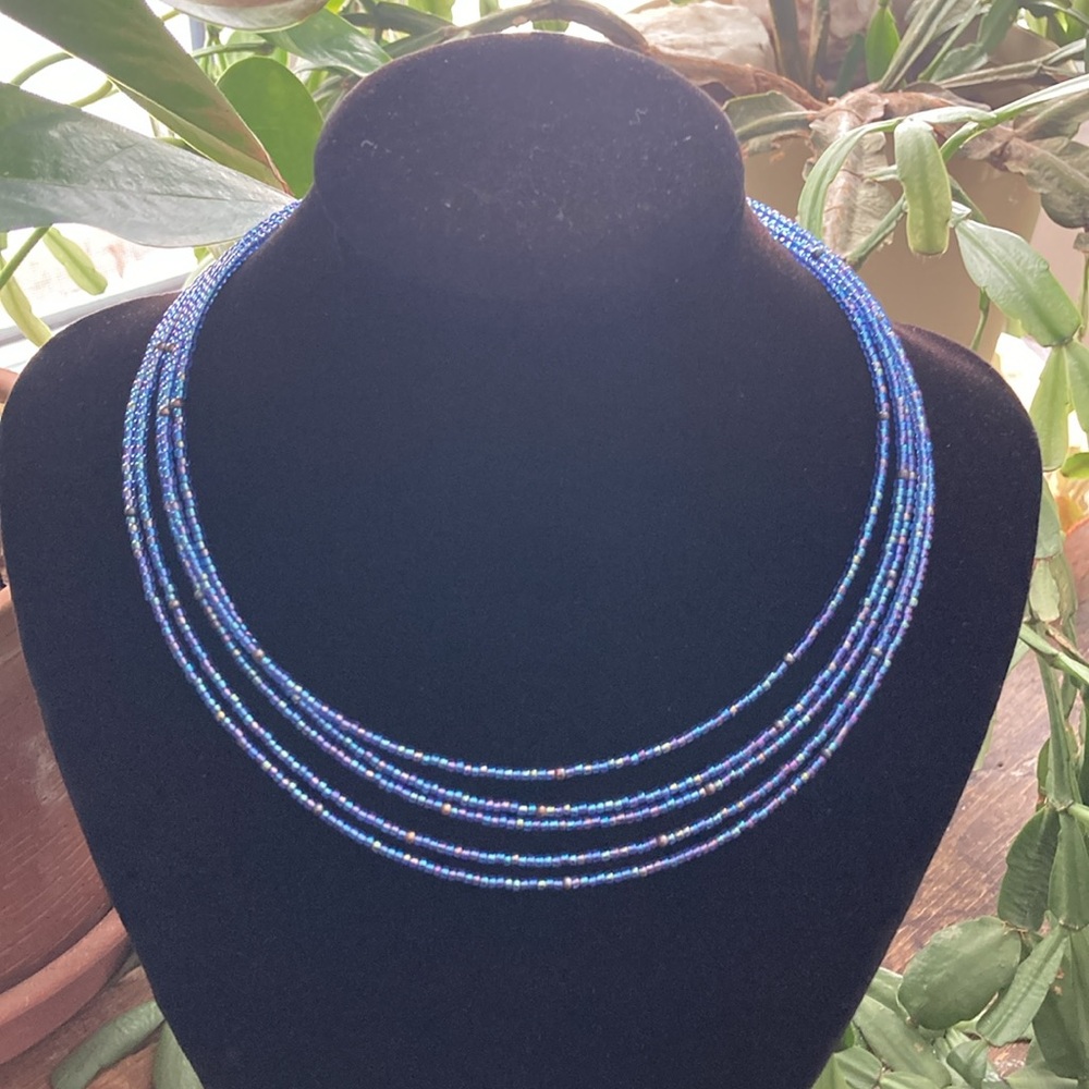 Vintage 90s Avon Blue Seed Bead 5-Strand Choker Necklace Boho Layered 14” NIB